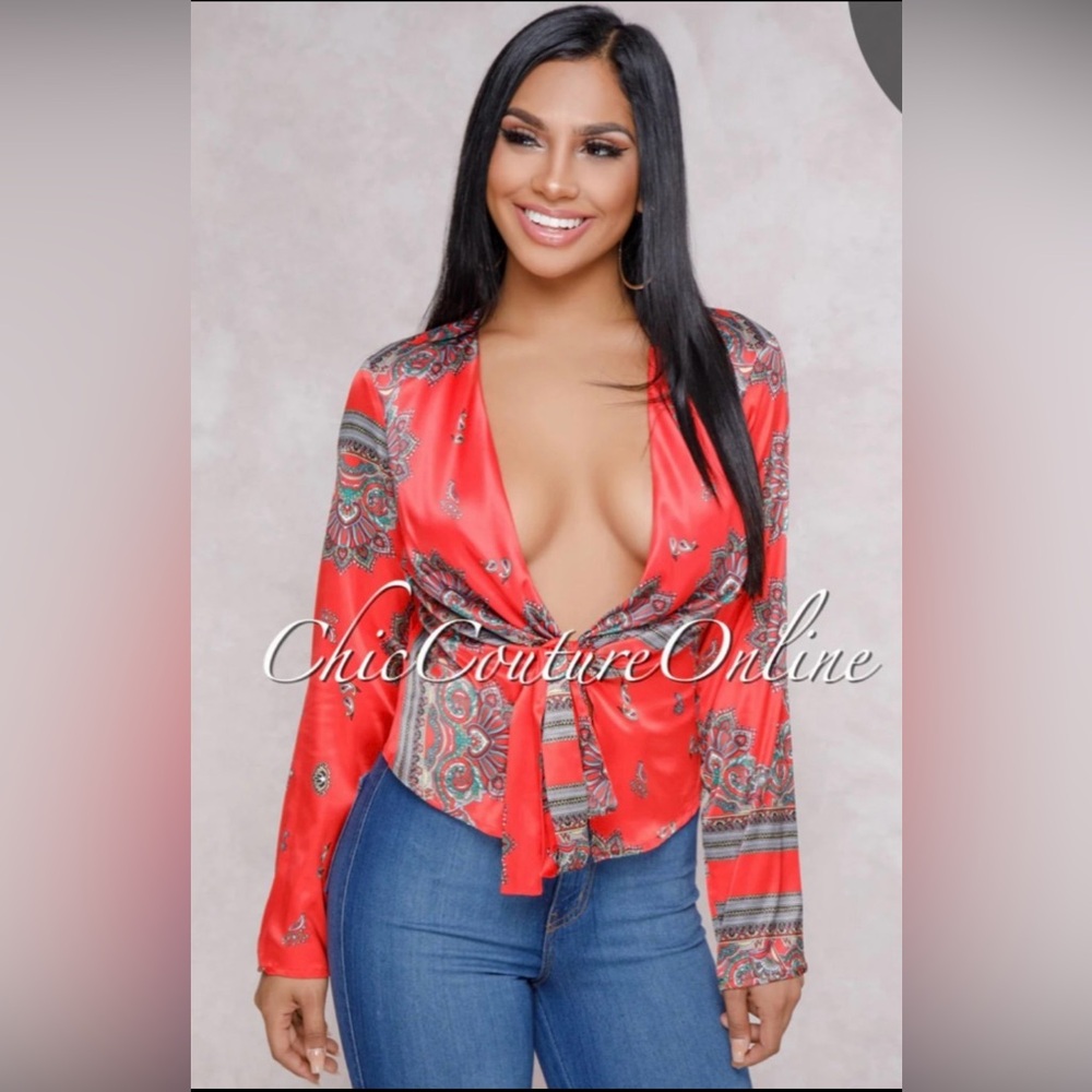 Large Red Long Sleeve Satin Top